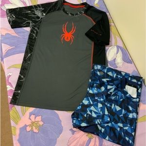 EUC Zelos  2 Pc Tees Spider print Black & Gray  & Navy Blue Short